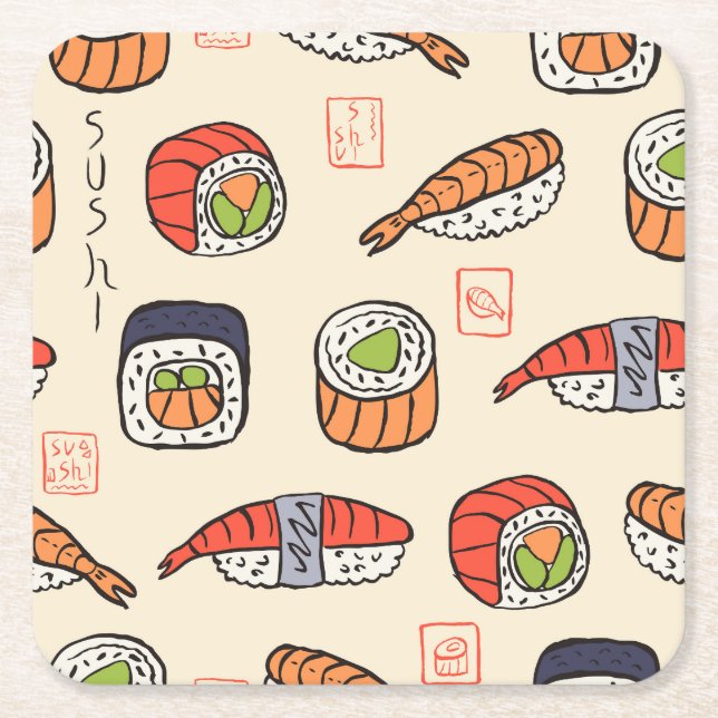 Porta-copo De Papel Quadrado Comida sushi, design de padrão uniforme. (Frente)