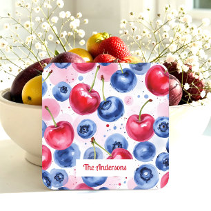Porta-copo De Papel Quadrado Comida Vermelha Azul Padrão de Fruta Berry Cherry