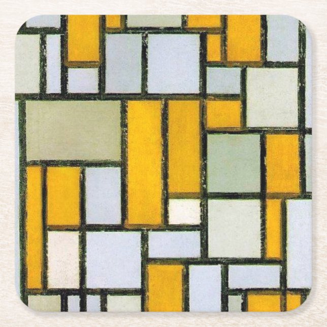 Porta-copo De Papel Quadrado Composição Amarelo e Cinzas, Mondrian (Frente)