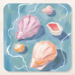 Porta-copo De Papel Quadrado Conchas do Mar Aquarela Costa Praia Mar