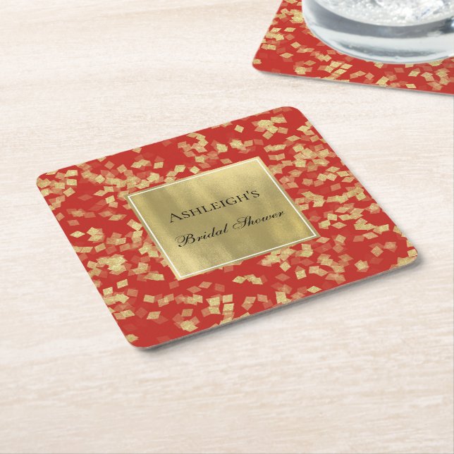 Porta-copo De Papel Quadrado Confete Dourado Vermelho Glam  (Inclinado)
