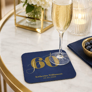 Porta-copo De Papel Quadrado Convite de 60 Anos Azul e Dourado Elegante
