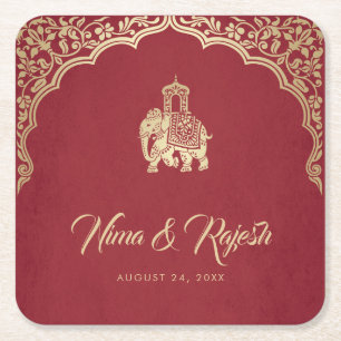 Porta-copo De Papel Quadrado Convite de Casamento Indiano, Vermelho, Dourado, G