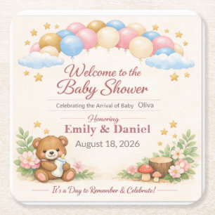 Porta-copo De Papel Quadrado Convite de Chá de Bebê Urso Teddy Pas Woodland