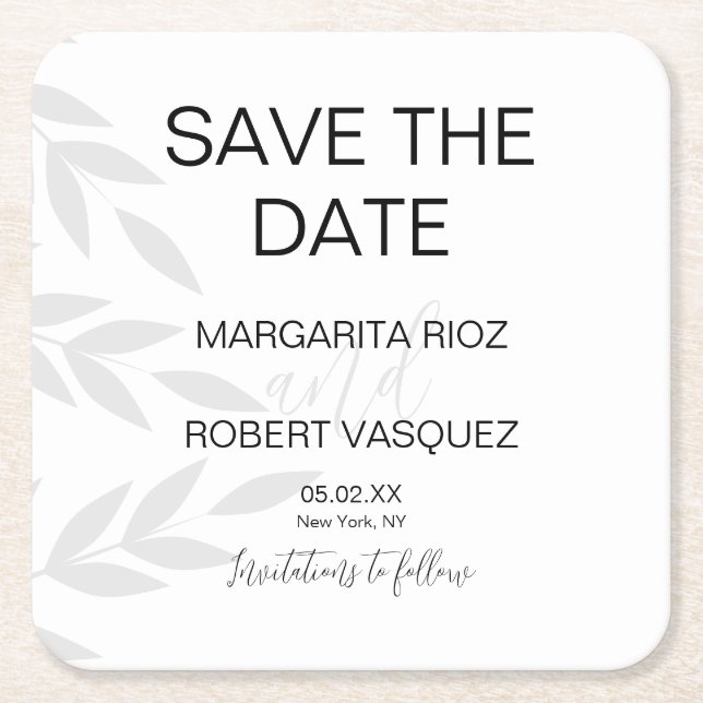 Porta-copo De Papel Quadrado Convites de Save the Date com Script Branco Cinza  (Frente)