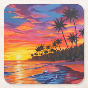 Porta-copo De Papel Quadrado Copo de Bebida de Papel Pôr do Sol Tropical