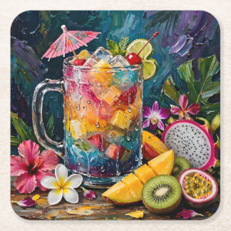Porta-copo De Papel Quadrado Coquetel Arco-Íris Tropical Frutas Exóticas