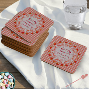 Porta-copo De Papel Quadrado Coquette Berry Primeiro Aniversário Xadrez Vermelh