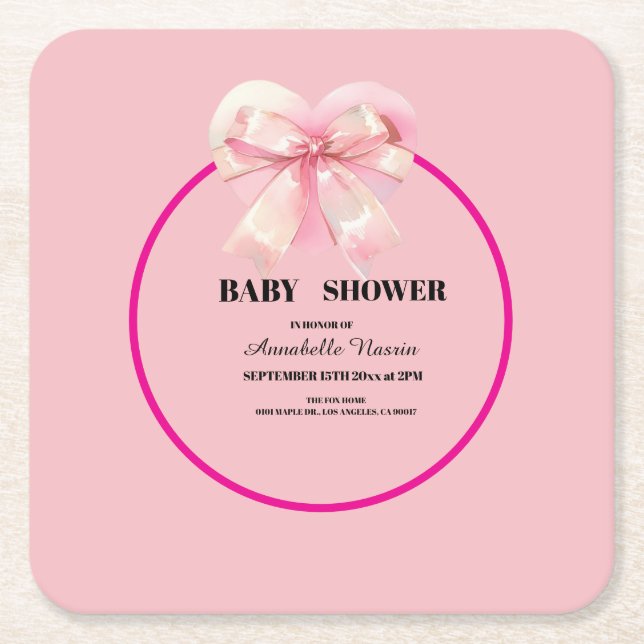 Porta-copo De Papel Quadrado Coquette Pink Bow Ribbon Girl Baby Shower (Frente)