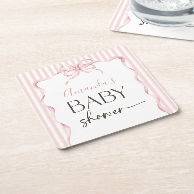 Porta-copo De Papel Quadrado Coquette Pink Bow Wavy Stripe Girl Baby Shower (Inclinado)