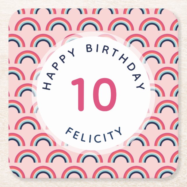 Porta-copo De Papel Quadrado Cor-de-rosa do nome personalizado da festa de aniv (Frente)