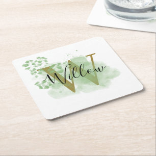 Porta-copo De Papel Quadrado Cor Verde Personalizada e Floral Inicial