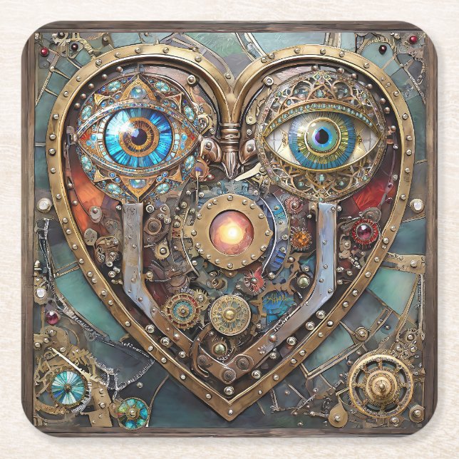 Porta-copo De Papel Quadrado Coração Caprichoso Steampunk Eu Vejo Você Eu Amo V (Frente)