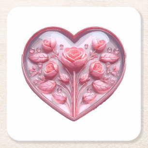 Porta-copo De Papel Quadrado Coração de Rosas