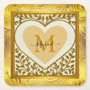 Porta-copo De Papel Quadrado Coração Elegante com Brilho Dourado Inicial & Nome