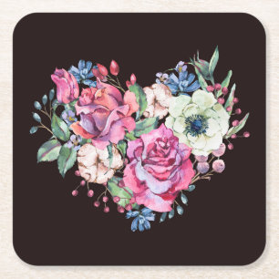 Porta-copo De Papel Quadrado Coração floral em aquarela: rosas vintage.