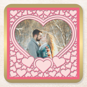 Porta-copo De Papel Quadrado Coração Rosa Elegante Feliz Dia dos Namorados Eleg