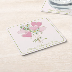 Porta-copo De Papel Quadrado Corações de São Valentim Balões de Coração Rosa e