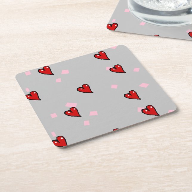 Porta-copo De Papel Quadrado Corações vermelhos nas cinzas (Inclinado)