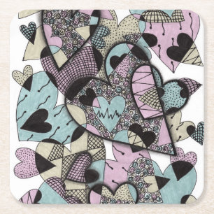 Porta-copo De Papel Quadrado Corações Zentangle Pastel Caprichosos Padrão Doodl
