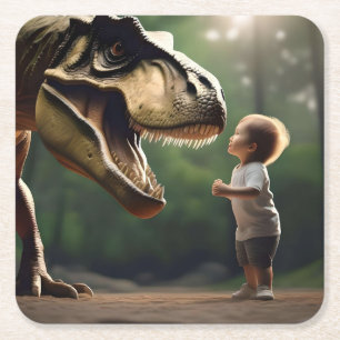 Porta-copo De Papel Quadrado **"Coragem Liberada: Um Menino Enfrenta o T-Rex"