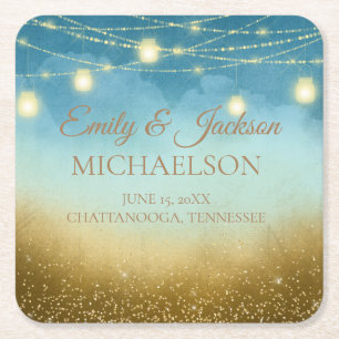 Porta-copo De Papel Quadrado Corda Dourada Azul LIghts Casamento Mason Jars