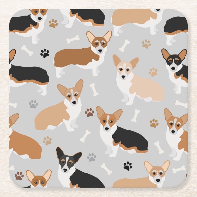 Porta-copo De Papel Quadrado Corgi Dog Paws e Bones Square Paper Porta copos (Frente)