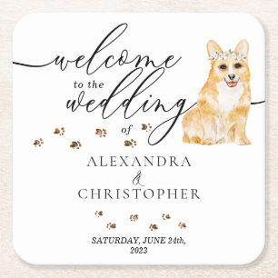 Porta-copo De Papel Quadrado Corgi Dog Puppy Bem-vindos ao casamento