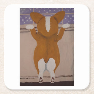 Porta-copo De Papel Quadrado Corgi olhando pela janela