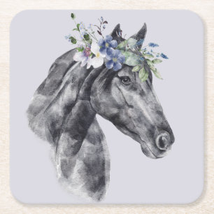 Porta-copo De Papel Quadrado Coroa de Flores de Aquarela Retrato de Cavalo Pret