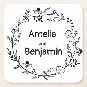 Porta-copo De Papel Quadrado Coroa de Flores Silvestres Minimalista Casamento R