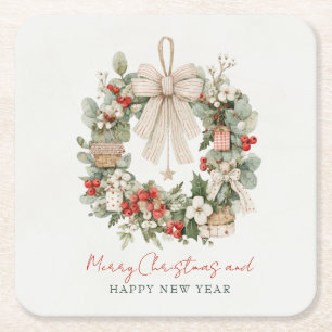 Porta-copo De Papel Quadrado Coroa de Natal Minimalista em Aquarela