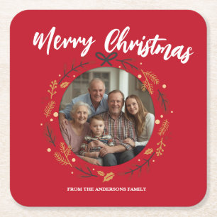 Porta-copo De Papel Quadrado Coroa de Natal vermelha simples Foto nome da famíl
