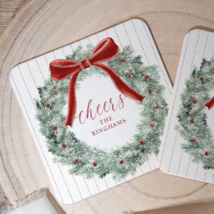 Porta-copo De Papel Quadrado Coroa de Natal Vintage com Laço Vermelho Cheers