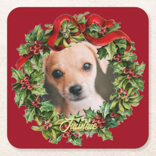 Porta-copo De Papel Quadrado Coroa de Natal vintage personalizada com foto de a