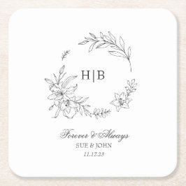 Porta-copo De Papel Quadrado Coroa Floral Clássica com Monograma de Casamento