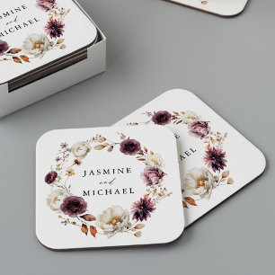 Porta-copo De Papel Quadrado Coroa Floral de Outono Rústico Casamento