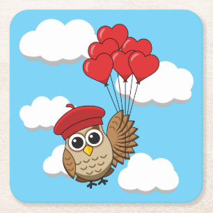Porta-copo De Papel Quadrado Coruja-Bonita Voando com Balões de Coração