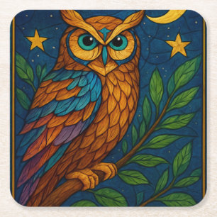 Porta-copo De Papel Quadrado Coruja de Vidro Colorido sob a Lua e as Estrelas