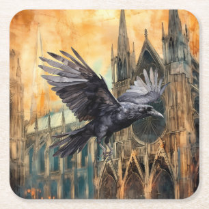Porta-copo De Papel Quadrado Corvo Voador e Catedral Gótica Medieval