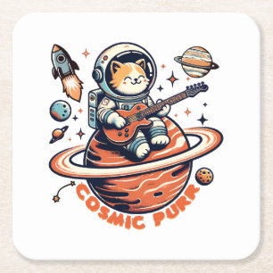 Porta-copo De Papel Quadrado Cosmic Purr - Gato Guitarrista Astro