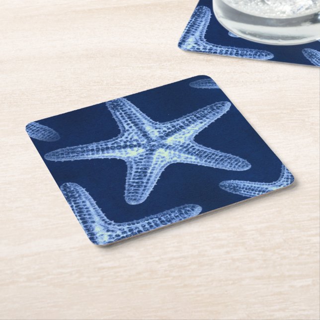 Porta-copo De Papel Quadrado costa chic Beach — peixe-estrela azul-marinho (Inclinado)