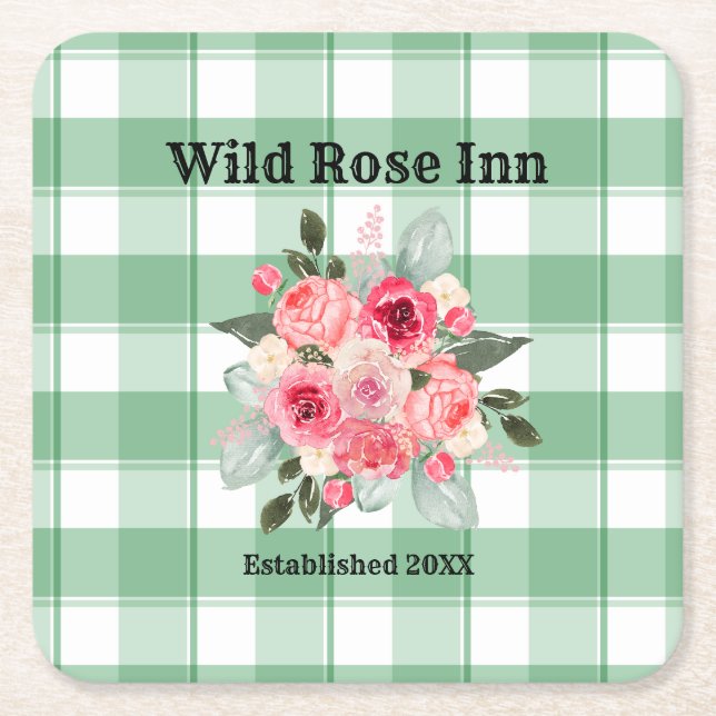 Porta-copo De Papel Quadrado Country Gingham Wild Rosas B & B (Frente)