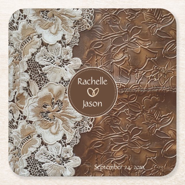 Porta-copo De Papel Quadrado Couro e renda russos românticos do país ocidental (Frente)