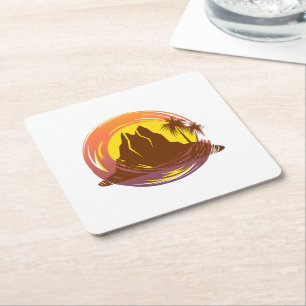 Porta-copo De Papel Quadrado Crachá com paisagem vulcânica tropical e palmeiras