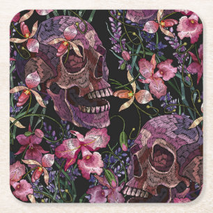 Porta-copo De Papel Quadrado Crânio bordado: Padrão Orquídeo Gótico