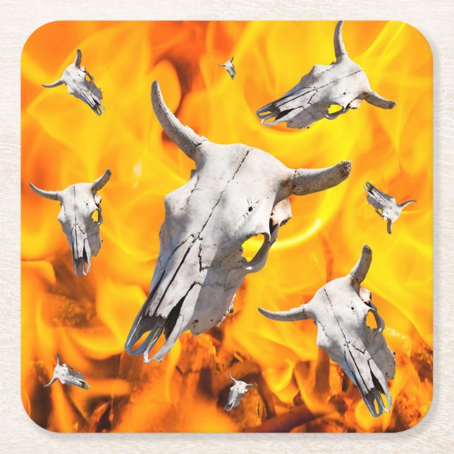 Porta-copo De Papel Quadrado Crânio de vaca e fogo (Frente)