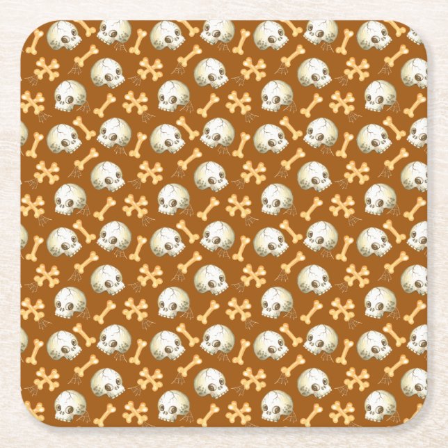 Porta-copo De Papel Quadrado Crânios e ossos assustados Padrão de Halloween Top (Frente)