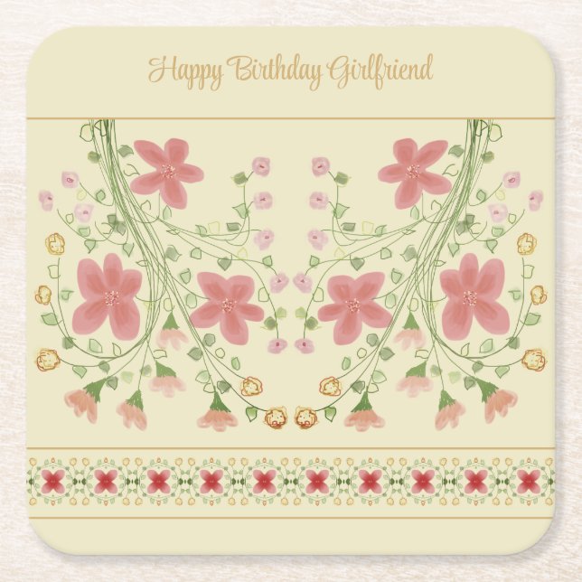 Porta-copo De Papel Quadrado Creme com Floral Rosa (Frente)