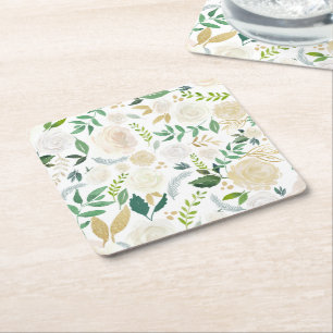 Porta-copo De Papel Quadrado Creme e Ivory Floral com brilho branco